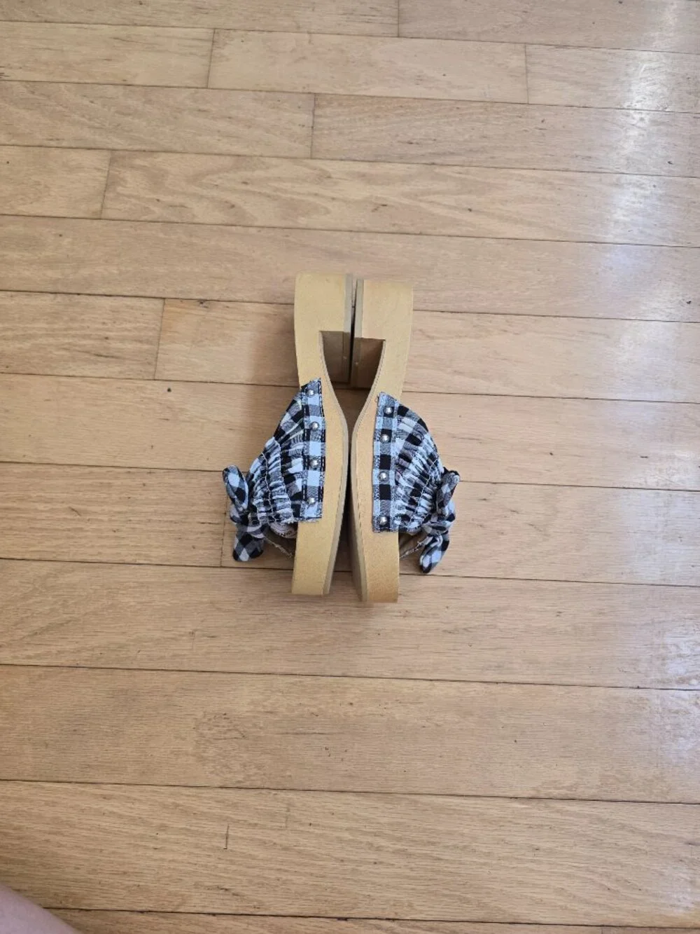Portland Boot Company | Callie gingham black white bow platform sandals | WMS 8